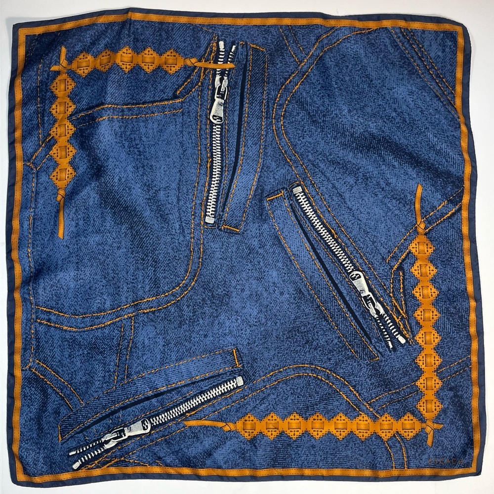 Escada Square 100% Silk Scarf Western Denim Leather Zipper Trompe L’Oeil 26”